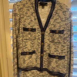 St. John Set: Navy and Cream Knit Cardigan and Matching Skirt